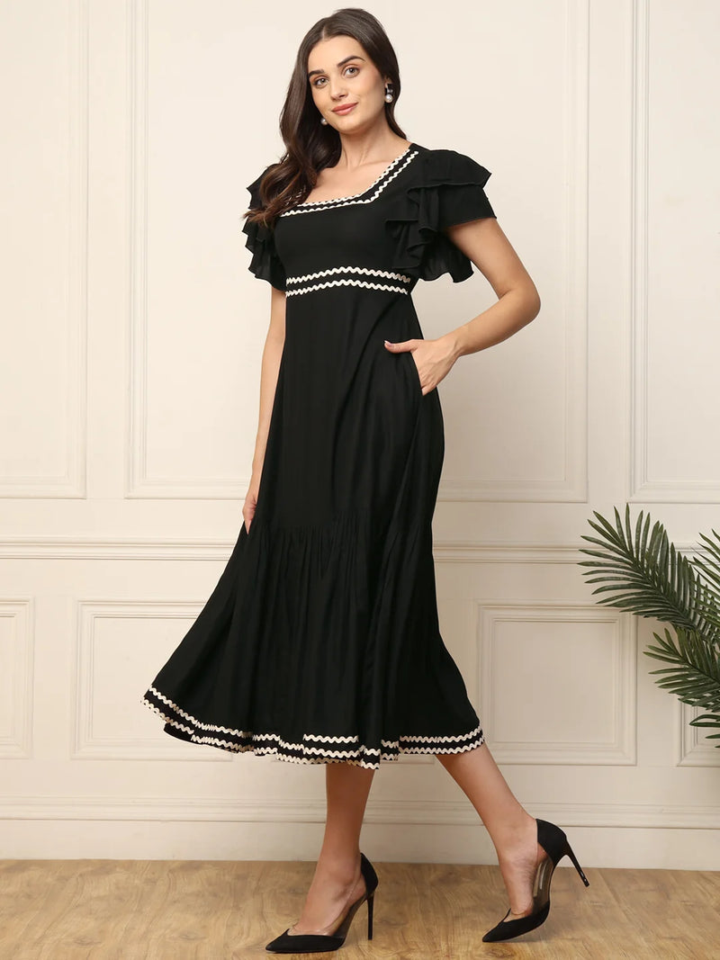 Nayoora Black Solid Ruffle Sleeve Fit & Flare Midi Dress