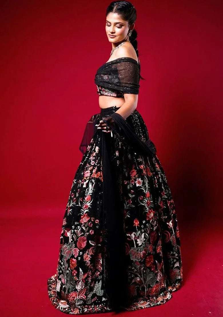 Black floral embroidered lehenga skirt with sequin off-shoulder blouse set