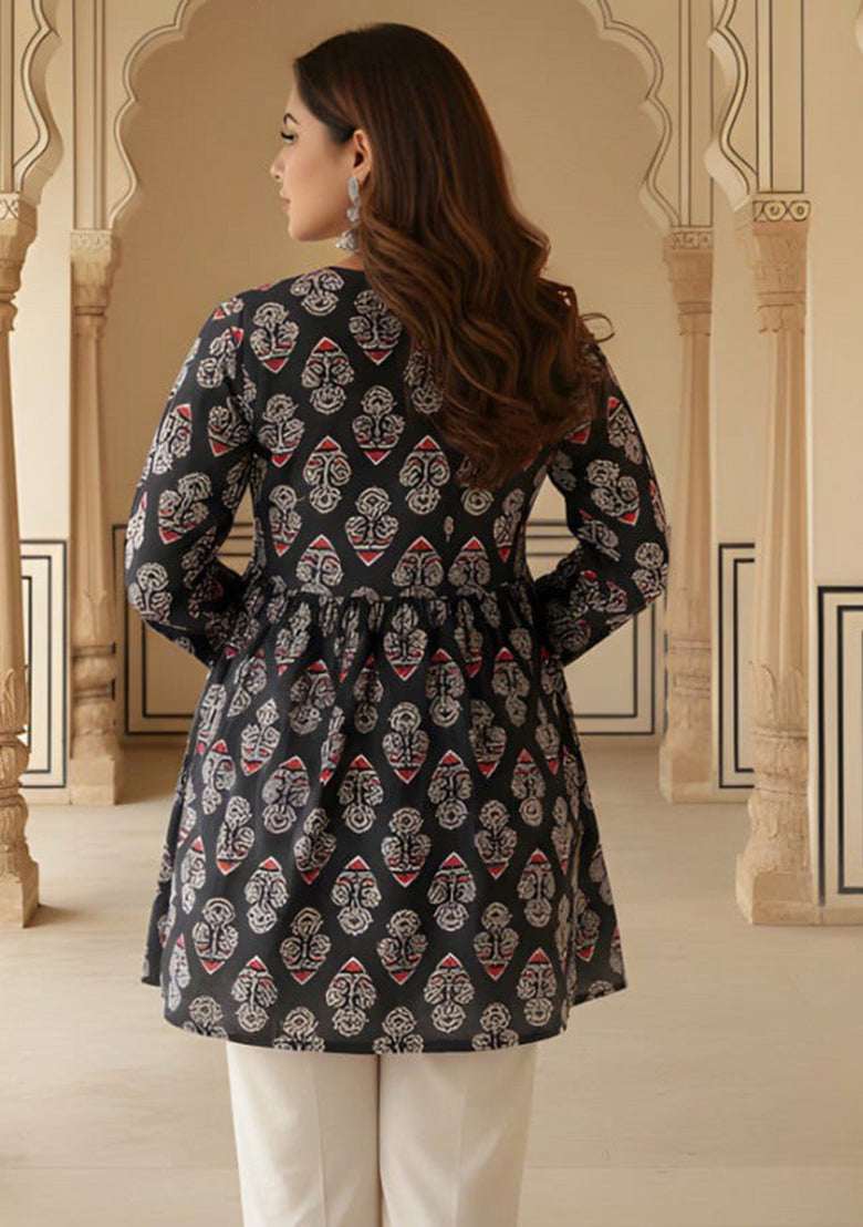 Back-view indigo rayon tunic with multicolor floral geometric pattern, long sleeves