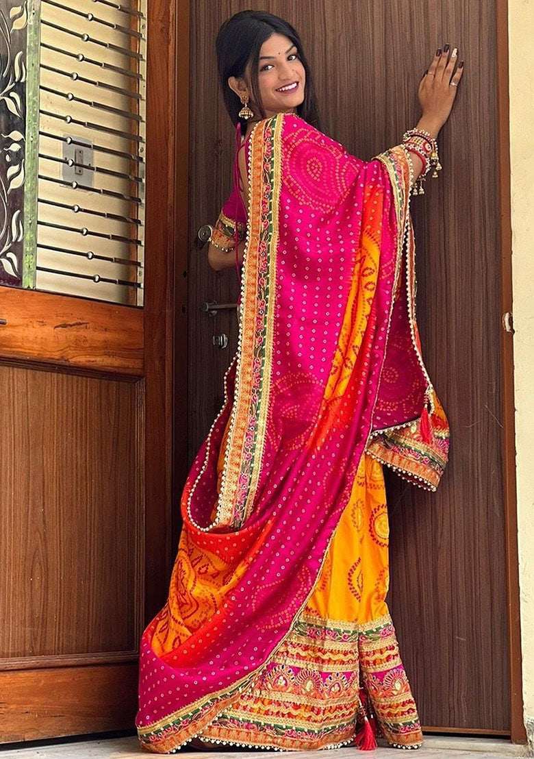 Nayoora Luxe Sunshine Yellow & Magenta Bandhani Moss Chiffon Saree - Nayoora