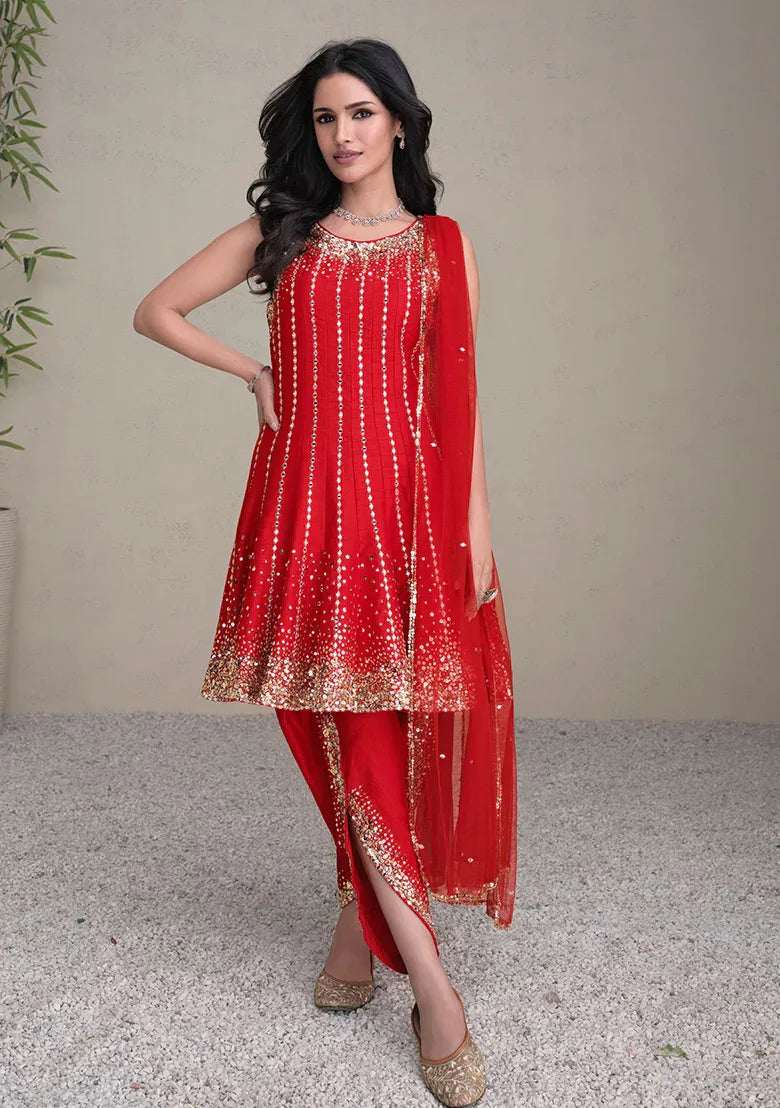 Ruby red embroidered Anarkali kurta set with sheer dupatta, gold sequin work
