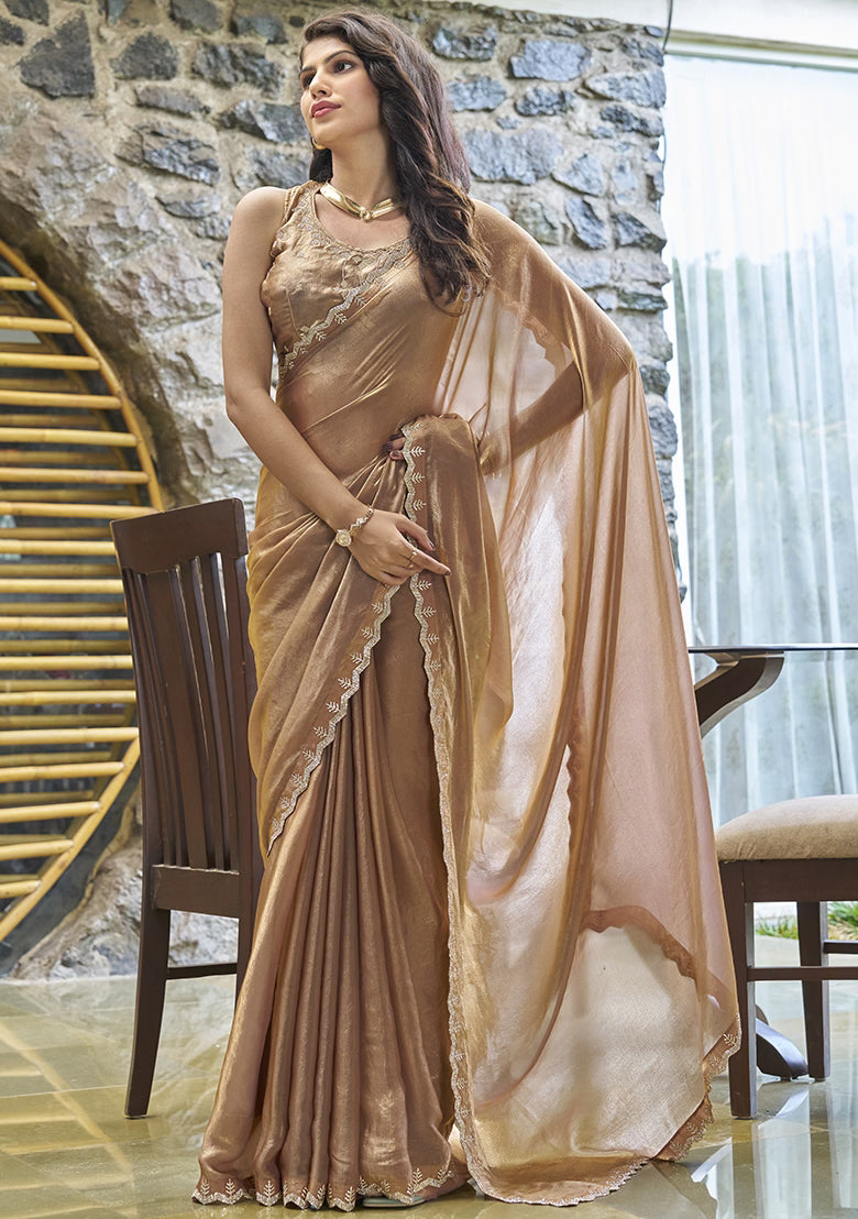 Nayoora Champagne Gold Satin Silk Saree – Zarkan & Handwork Border