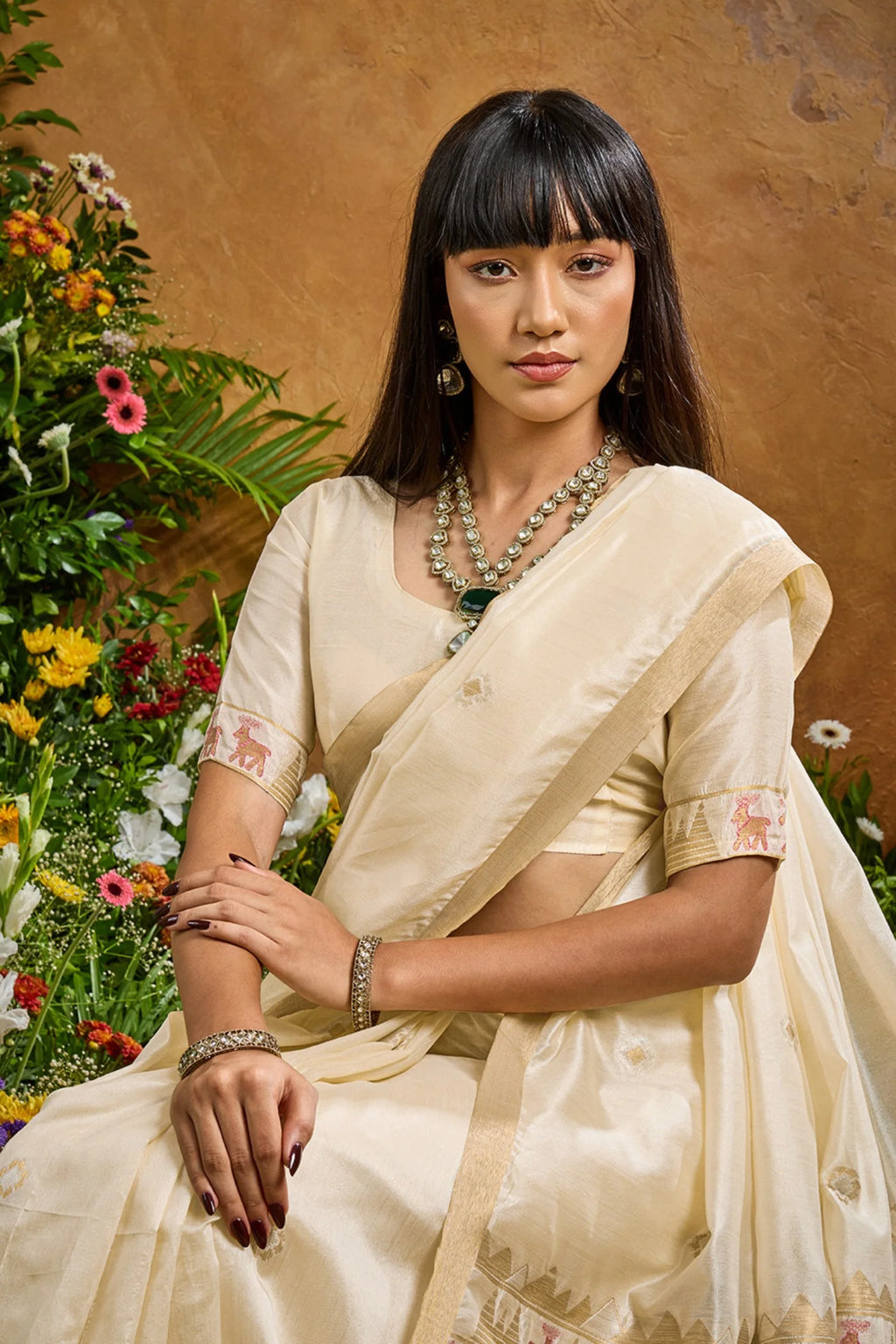 Nayoora Ivory Tussar Silk Handloom Saree with Traditional Woven Border
