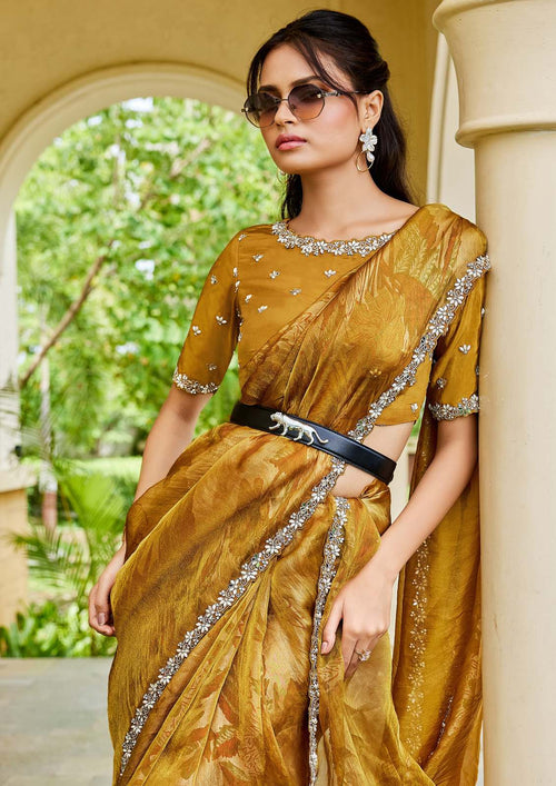 Nayoora Antique Gold Two-Tone Satin Silk Embroidered Saree