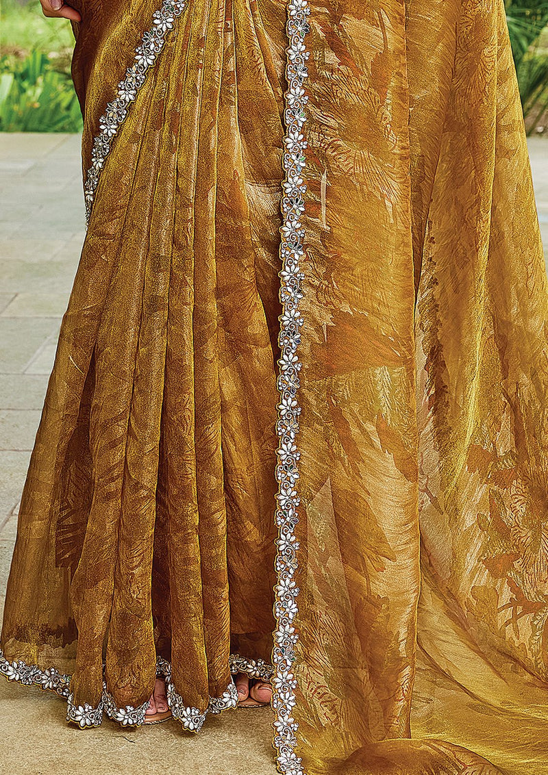 Nayoora Antique Gold Two-Tone Satin Silk Embroidered Saree