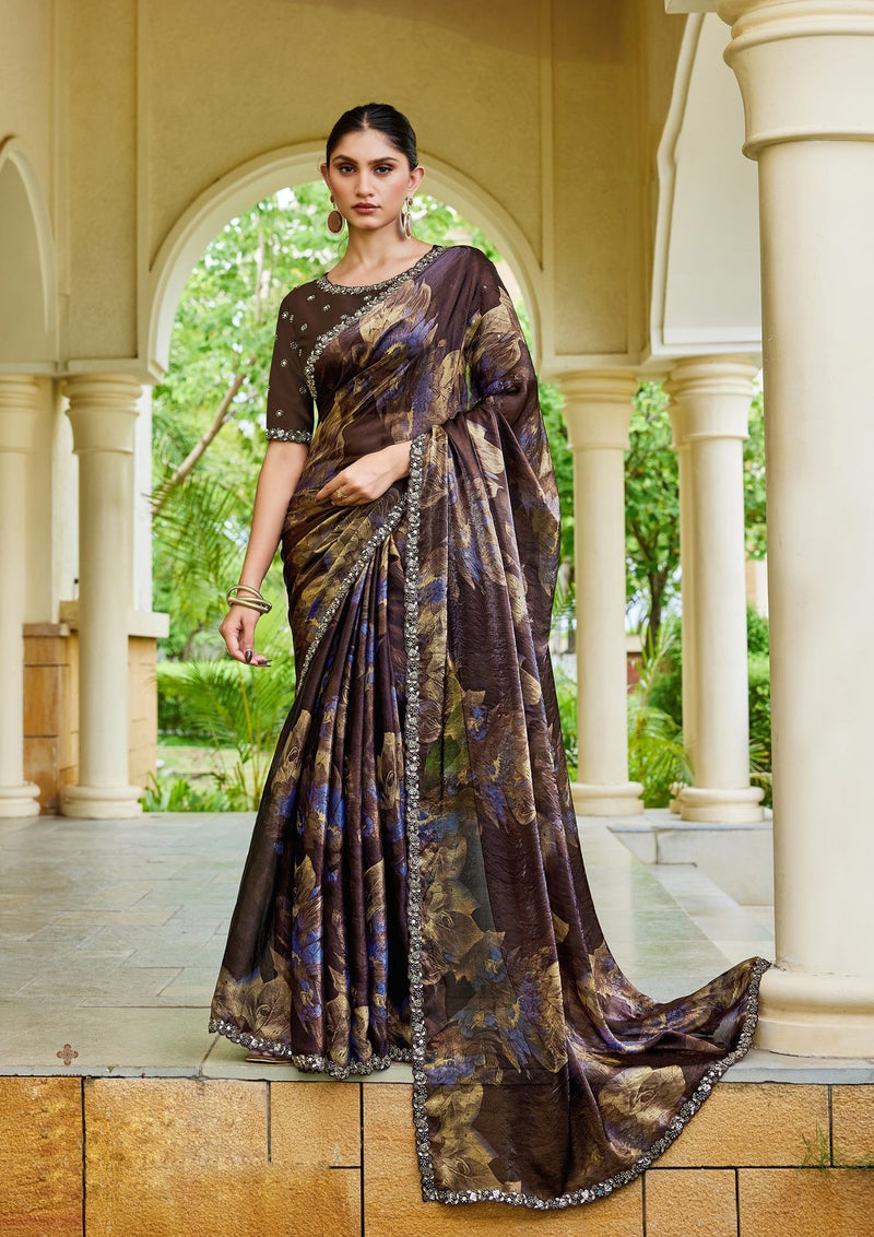 Nayoora Espresso Plum Aurora Satin Silk Saree