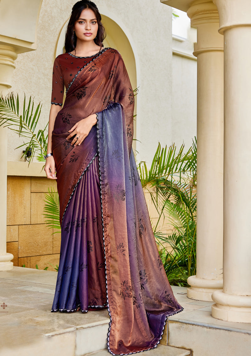 Nayoora Copper Plum Twilight Two-Tone Satin Silk Saree
