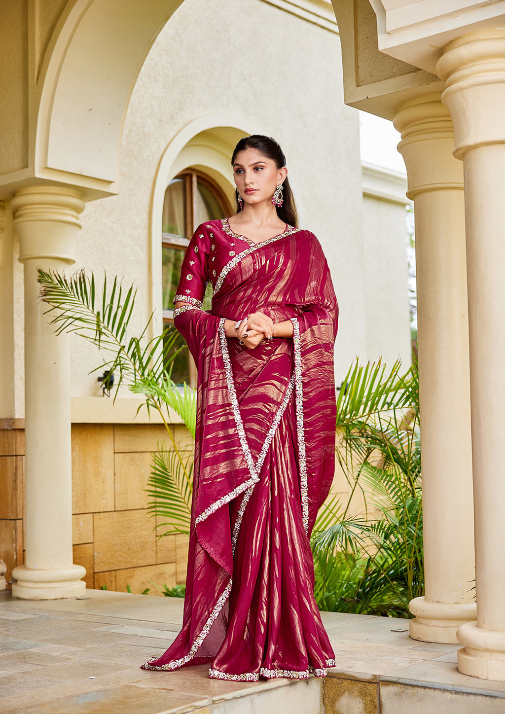 Nayoora Ruby Wine Metallic Foil Satin Silk Embellished Saree