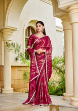 Nayoora Ruby Wine Metallic Foil Satin Silk Embellished Saree