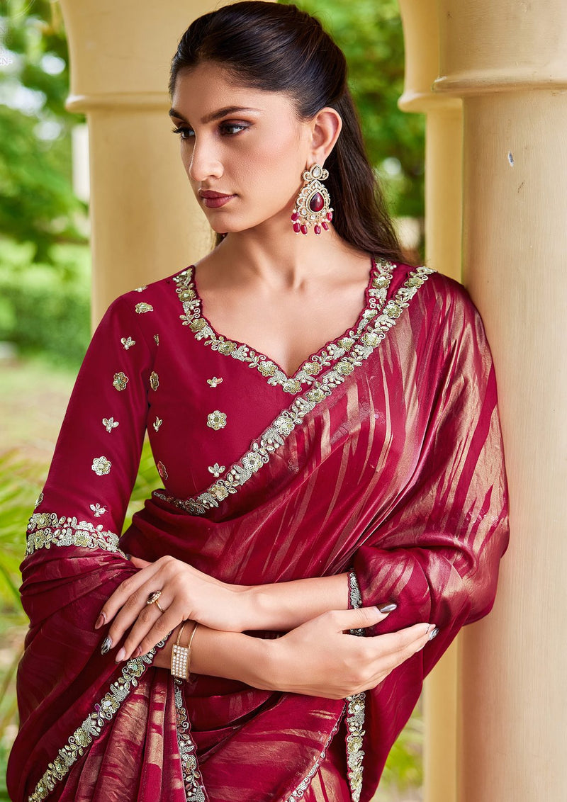 Nayoora Ruby Wine Metallic Foil Satin Silk Embellished Saree