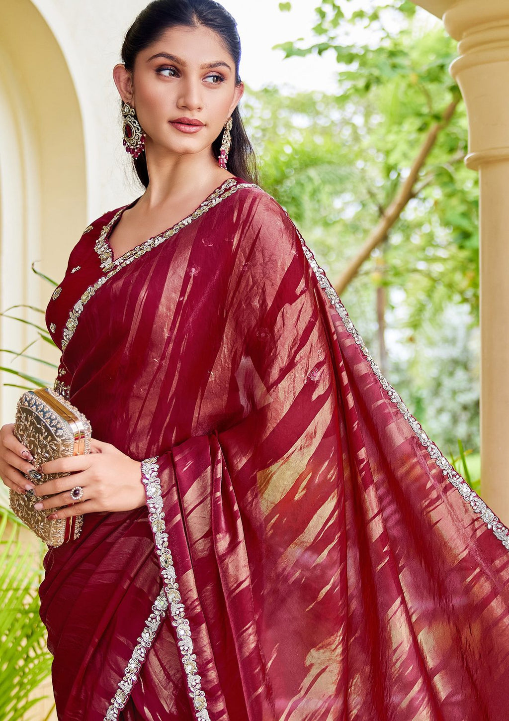 Nayoora Ruby Wine Metallic Foil Satin Silk Embellished Saree