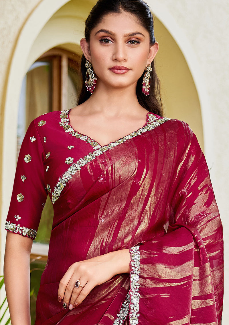 Nayoora Ruby Wine Metallic Foil Satin Silk Embellished Saree