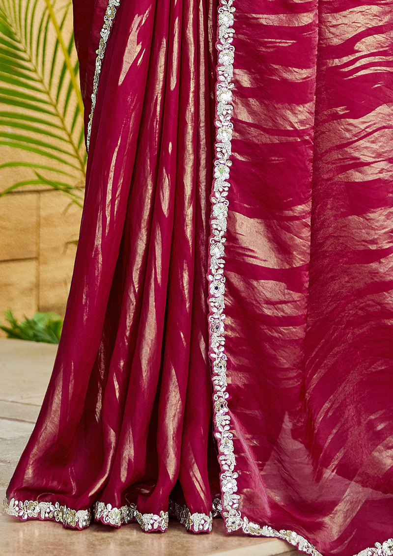 Nayoora Ruby Wine Metallic Foil Satin Silk Embellished Saree