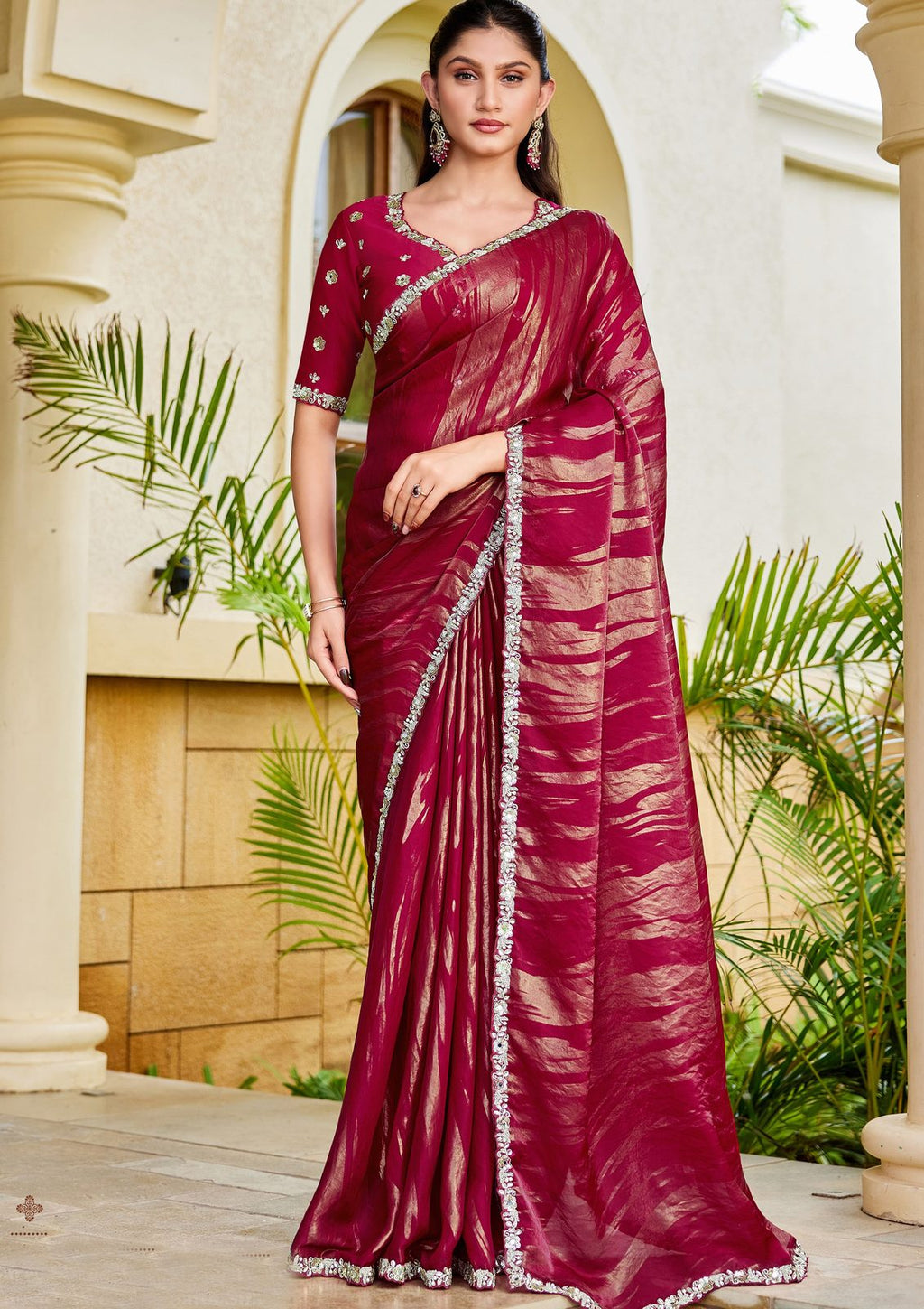 Nayoora Ruby Wine Metallic Foil Satin Silk Embellished Saree