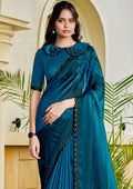 Nayoora Deep Teal Azure Floral Satin Silk Embellished Saree