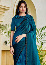 Nayoora Deep Teal Azure Floral Satin Silk Embellished Saree