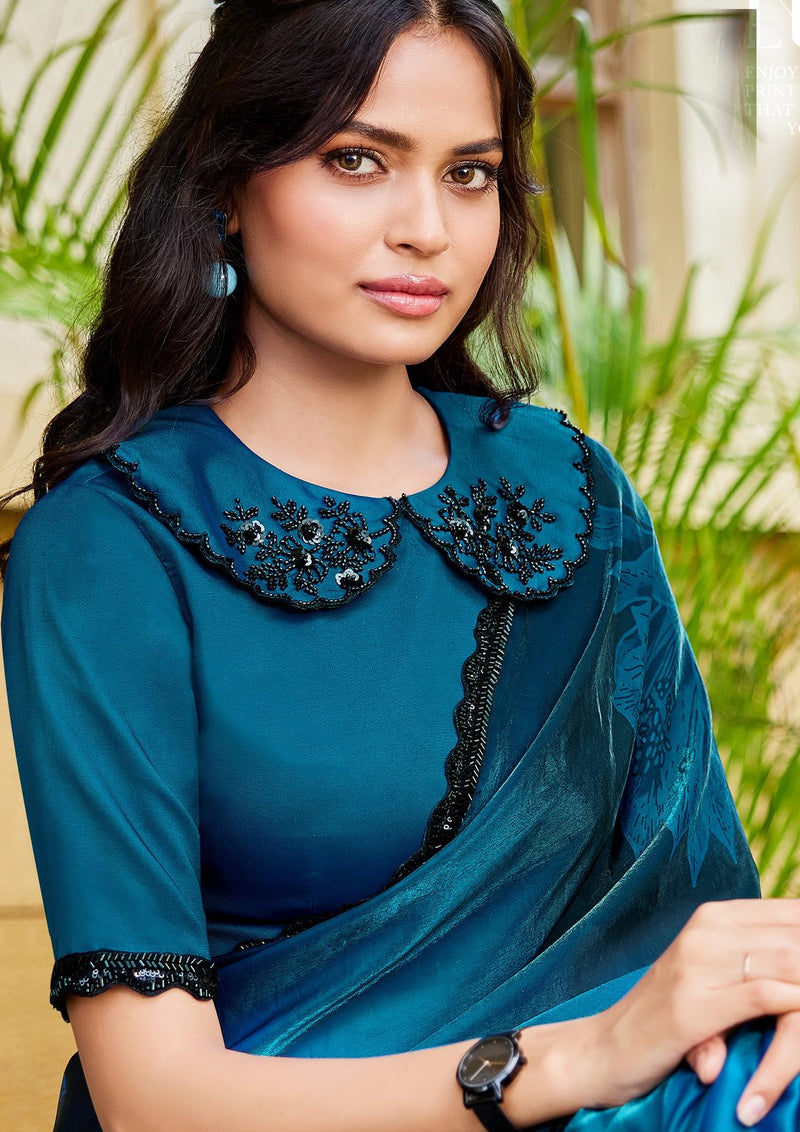 Nayoora Deep Teal Azure Floral Satin Silk Embellished Saree