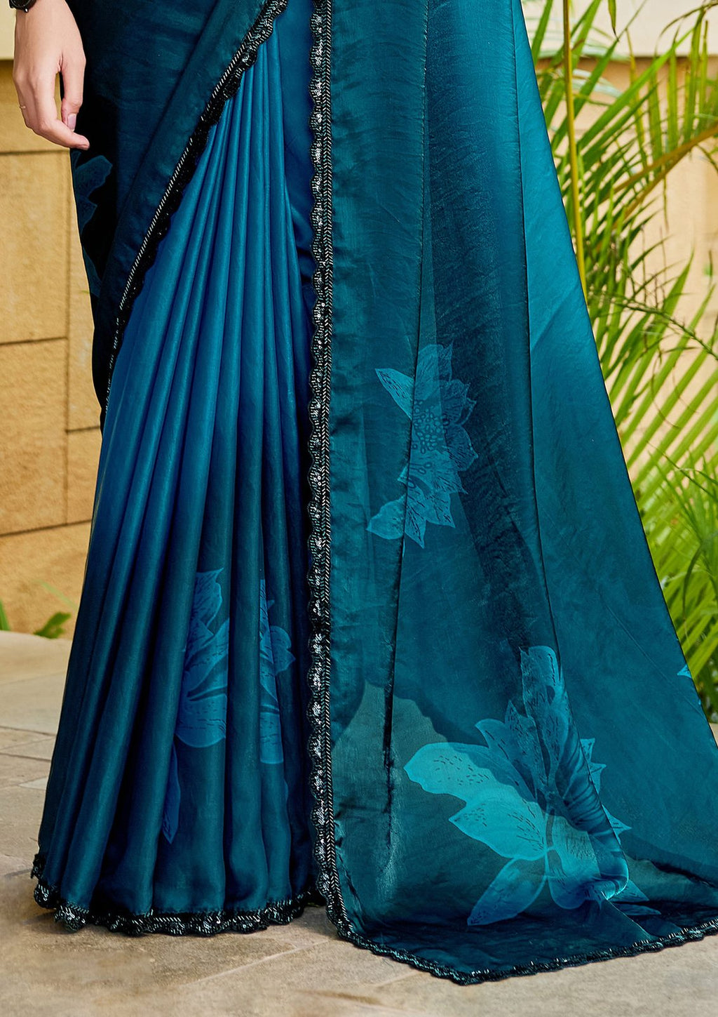 Nayoora Deep Teal Azure Floral Satin Silk Embellished Saree
