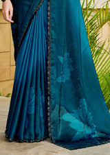 Nayoora Deep Teal Azure Floral Satin Silk Embellished Saree