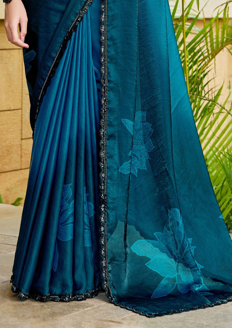 Nayoora Deep Teal Azure Floral Satin Silk Embellished Saree