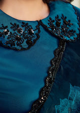 Nayoora Deep Teal Azure Floral Satin Silk Embellished Saree