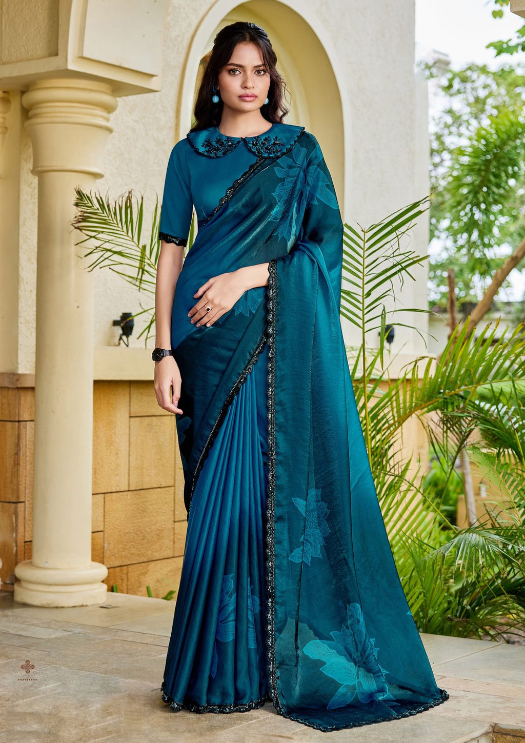 Nayoora Deep Teal Azure Floral Satin Silk Embellished Saree