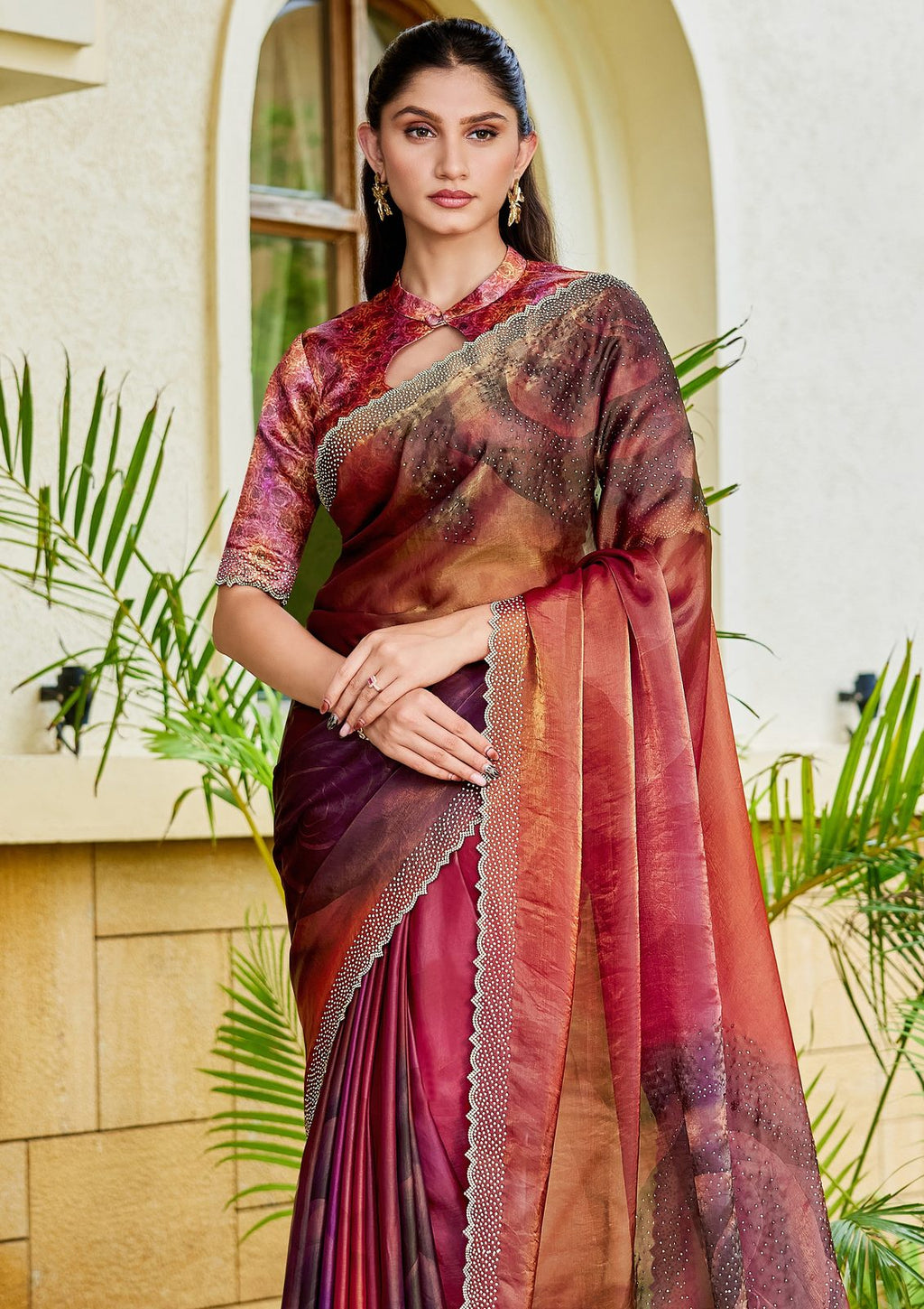Nayoora Burgundy Rosewood Shimmer Two-Tone Satin Silk Saree