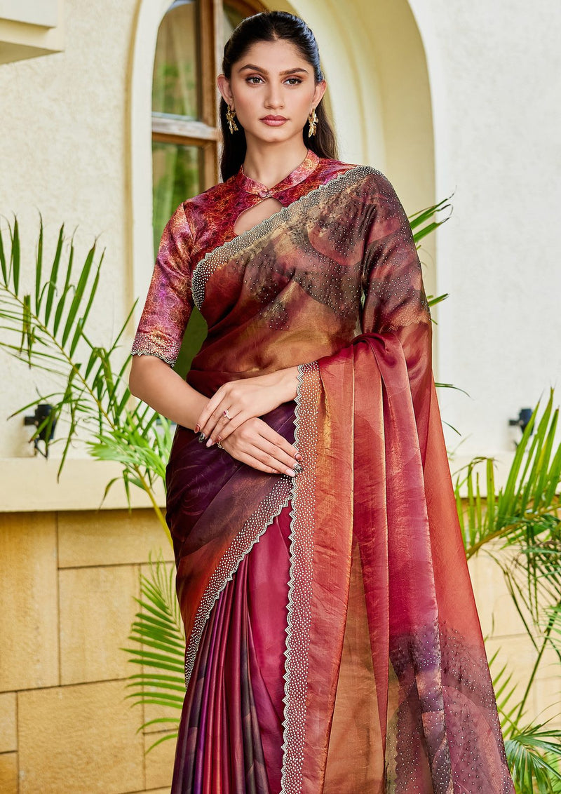 Nayoora Burgundy Rosewood Shimmer Two-Tone Satin Silk Saree