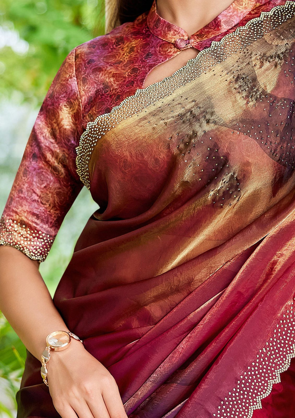Nayoora Burgundy Rosewood Shimmer Two-Tone Satin Silk Saree