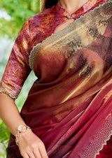 Nayoora Burgundy Rosewood Shimmer Two-Tone Satin Silk Saree