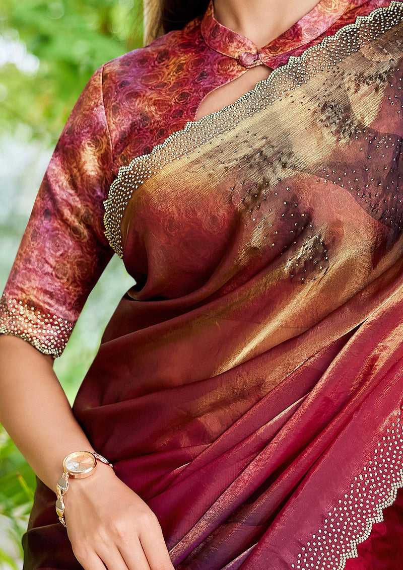 Nayoora Burgundy Rosewood Shimmer Two-Tone Satin Silk Saree