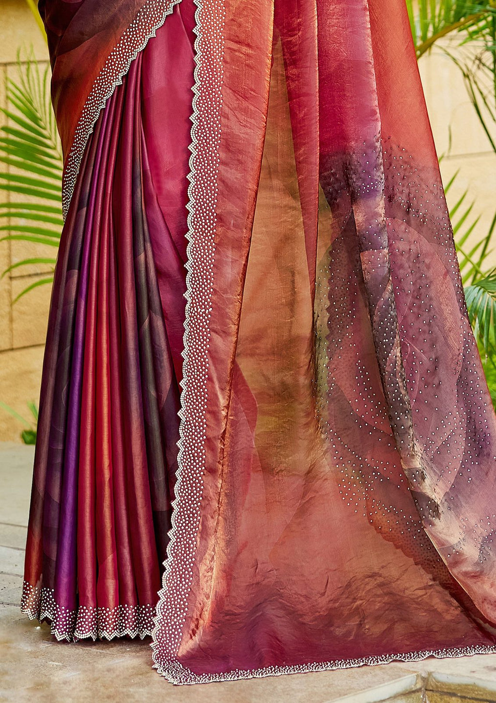 Nayoora Burgundy Rosewood Shimmer Two-Tone Satin Silk Saree