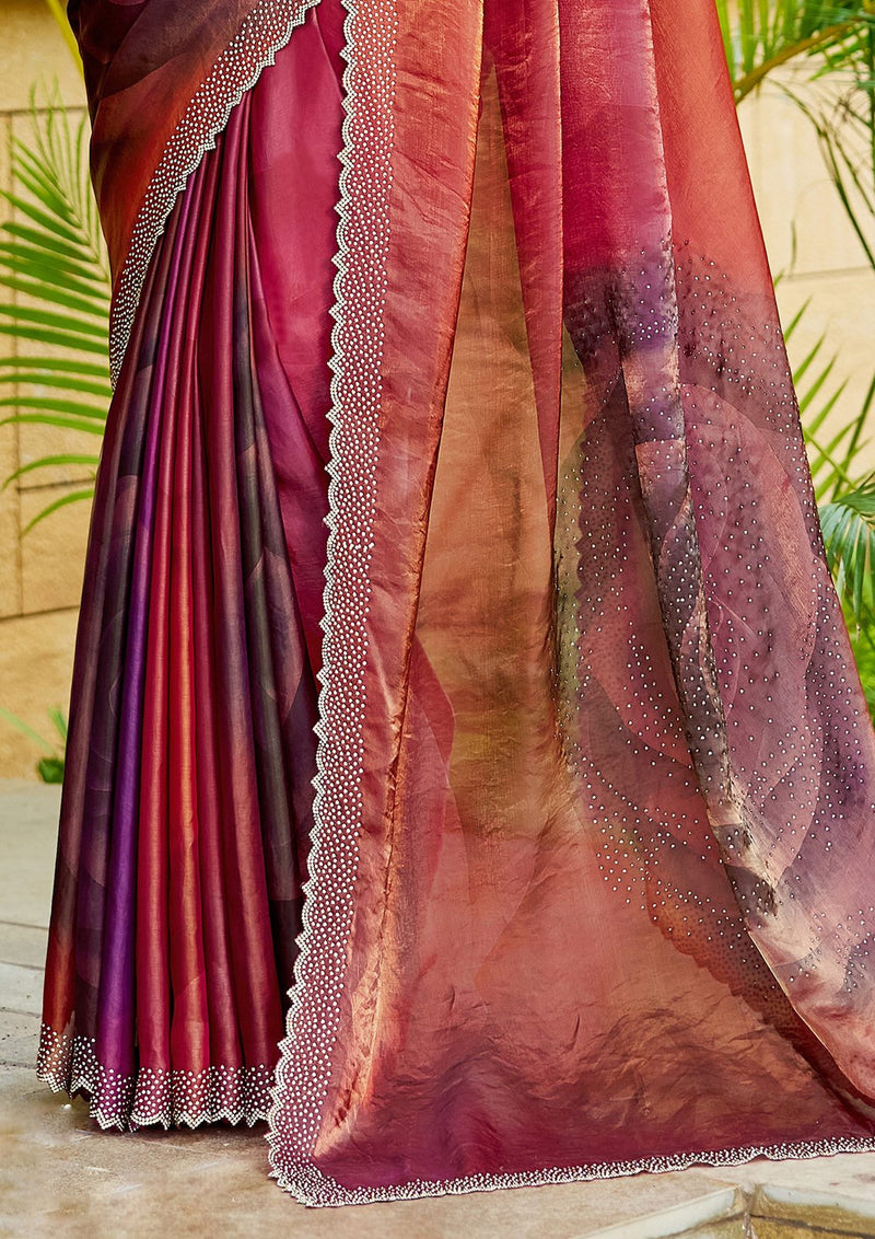 Nayoora Burgundy Rosewood Shimmer Two-Tone Satin Silk Saree