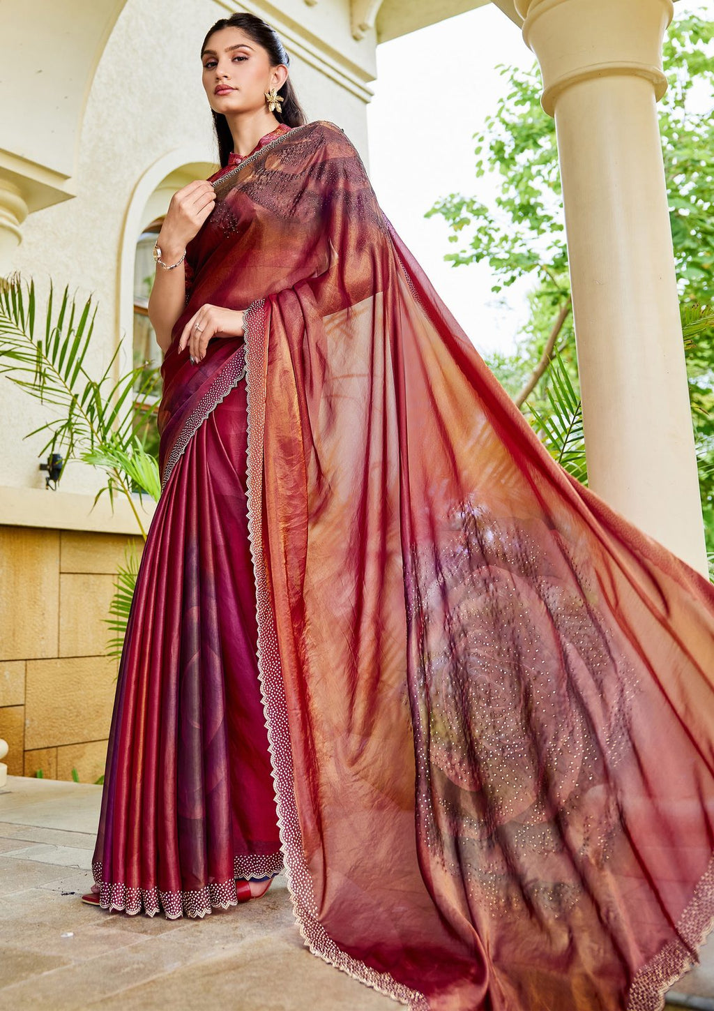 Nayoora Burgundy Rosewood Shimmer Two-Tone Satin Silk Saree