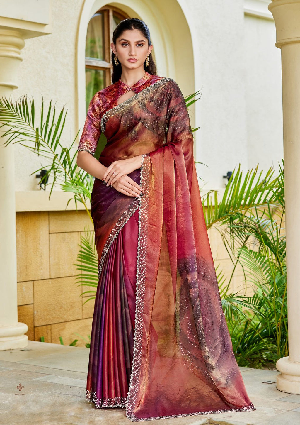 Nayoora Burgundy Rosewood Shimmer Two-Tone Satin Silk Saree