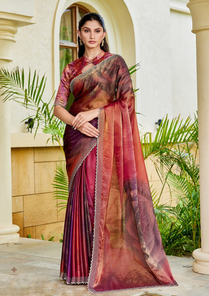 Nayoora Burgundy Rosewood Shimmer Two-Tone Satin Silk Saree