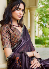 Nayoora Aubergine Plum Floral Two-Tone Satin Silk Saree