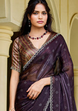 Nayoora Aubergine Plum Floral Two-Tone Satin Silk Saree