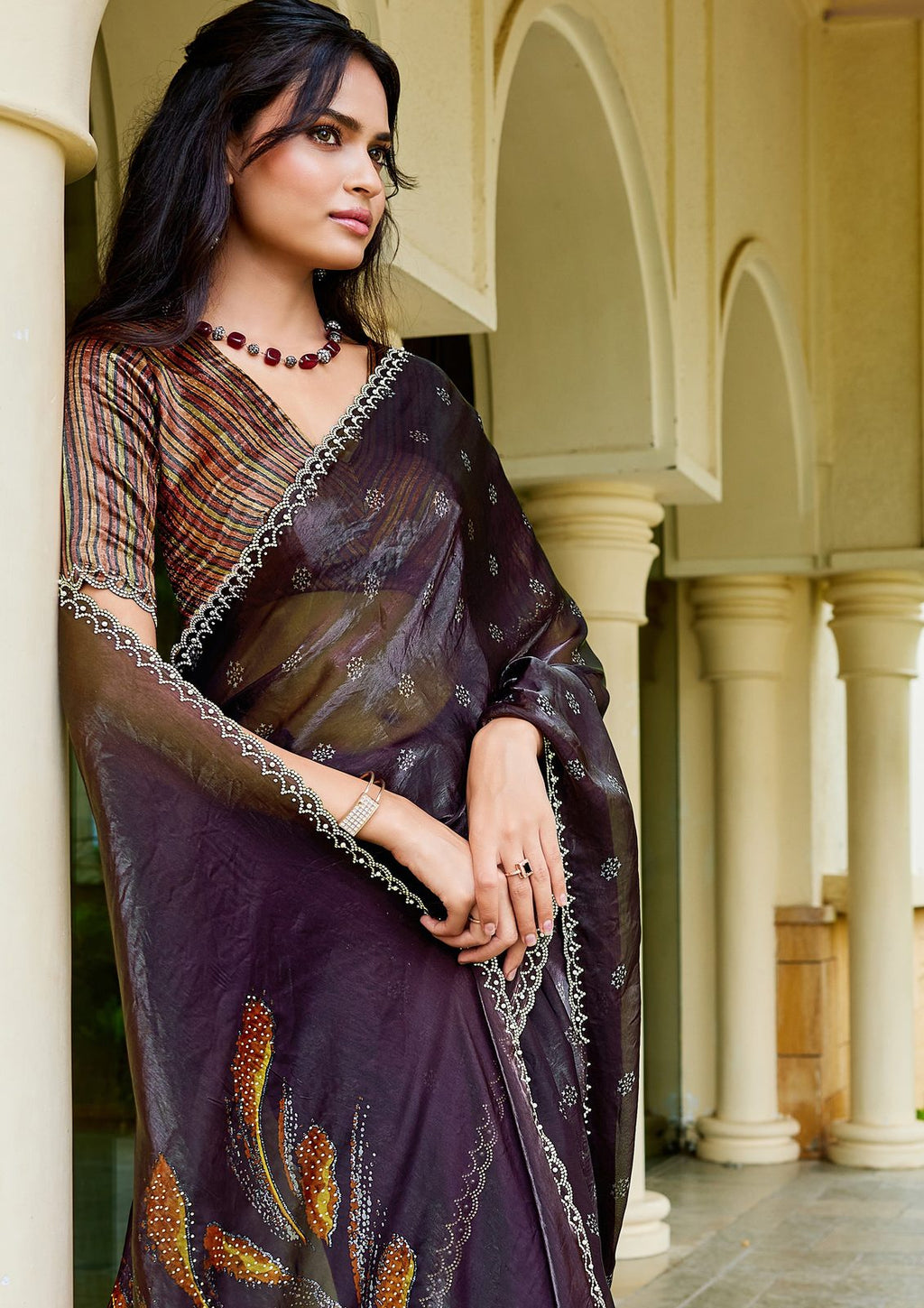 Nayoora Aubergine Plum Floral Two-Tone Satin Silk Saree