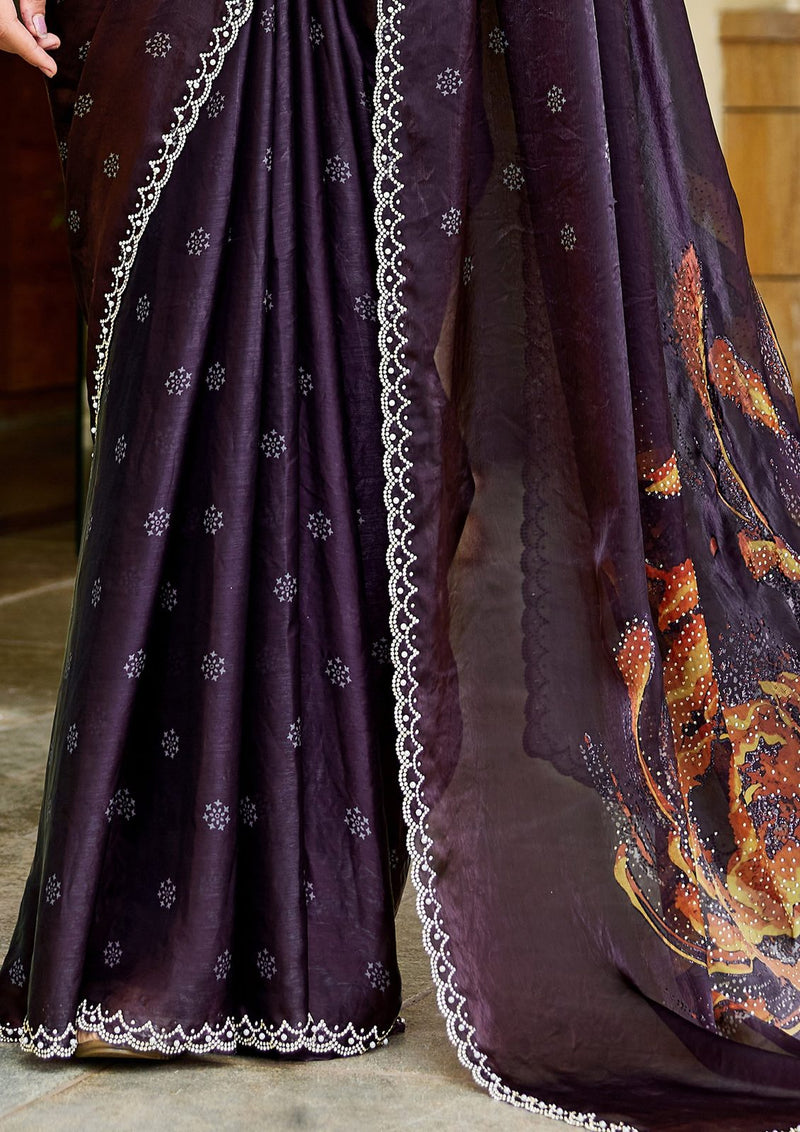 Nayoora Aubergine Plum Floral Two-Tone Satin Silk Saree