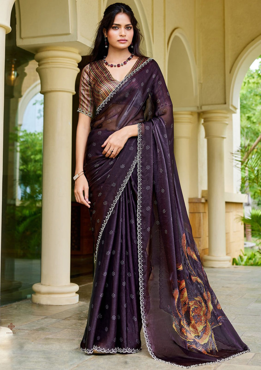 Nayoora Aubergine Plum Floral Two-Tone Satin Silk Saree