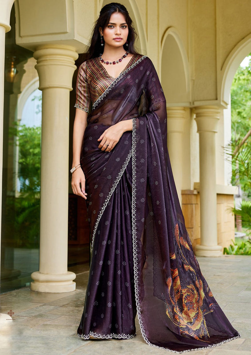 Nayoora Aubergine Plum Floral Two-Tone Satin Silk Saree