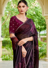 Nayoora Wine Plum Floral Pearl-Embellished Satin Silk Saree