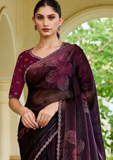 Nayoora Wine Plum Floral Pearl-Embellished Satin Silk Saree