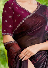 Nayoora Wine Plum Floral Pearl-Embellished Satin Silk Saree