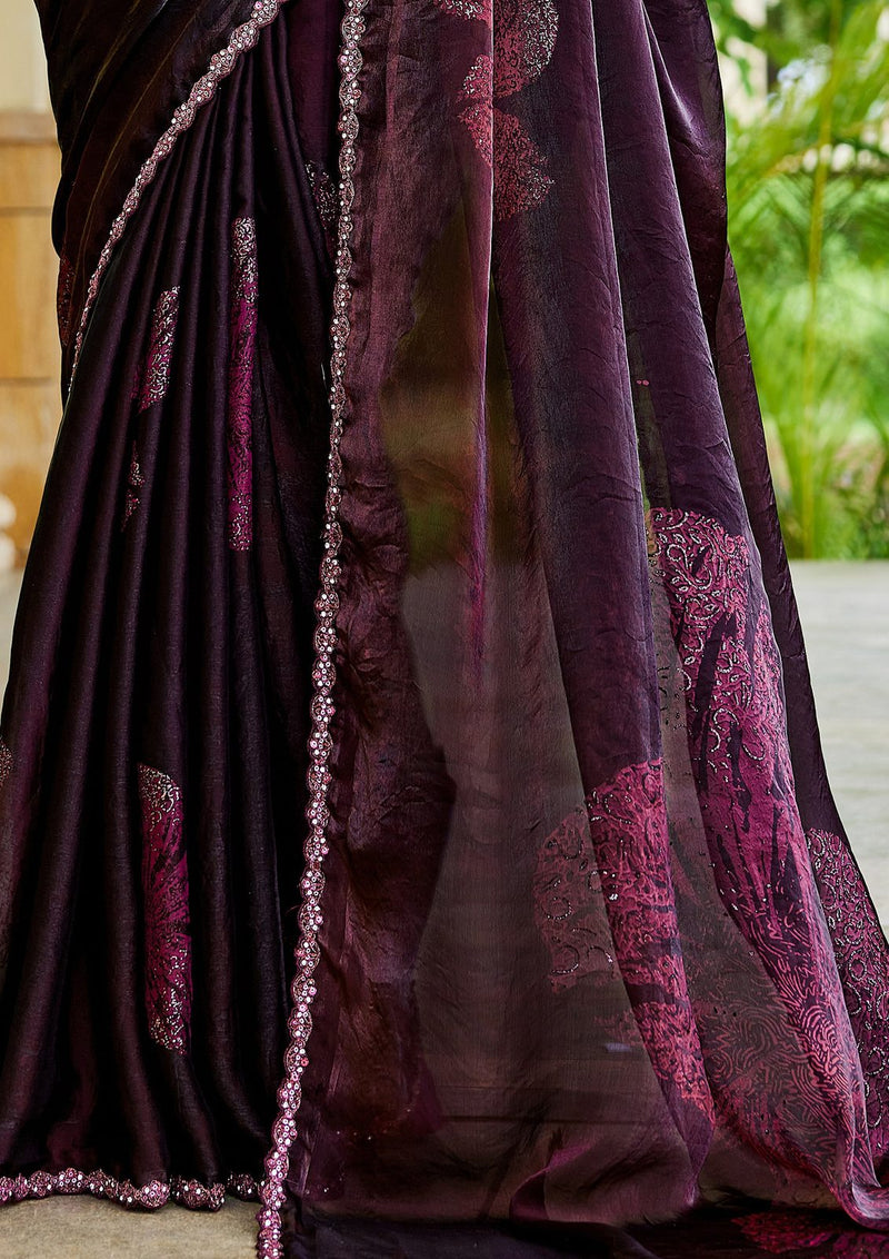 Nayoora Wine Plum Floral Pearl-Embellished Satin Silk Saree