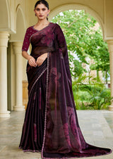 Nayoora Wine Plum Floral Pearl-Embellished Satin Silk Saree