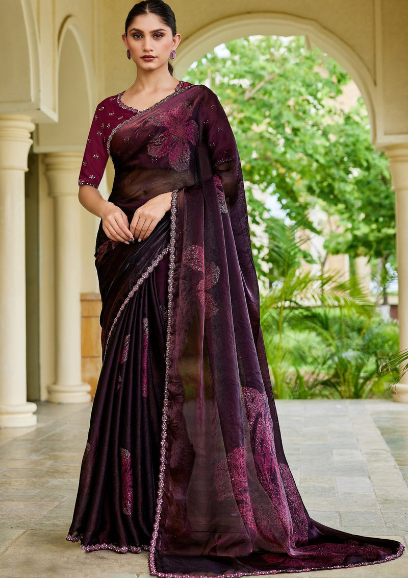 Nayoora Wine Plum Floral Pearl-Embellished Satin Silk Saree