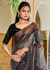 Nayoora Slate Grey Mauve Abstract Satin Silk Swarovski Saree