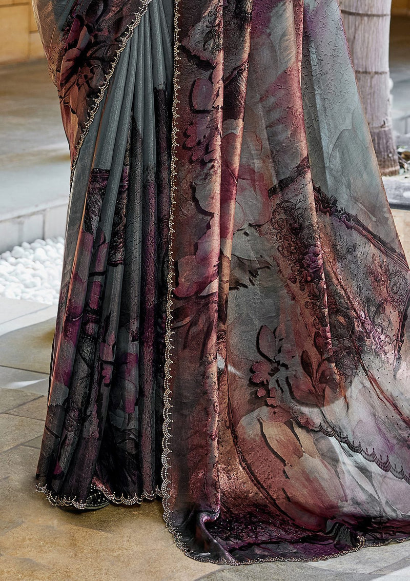 Nayoora Slate Grey Mauve Abstract Satin Silk Swarovski Saree